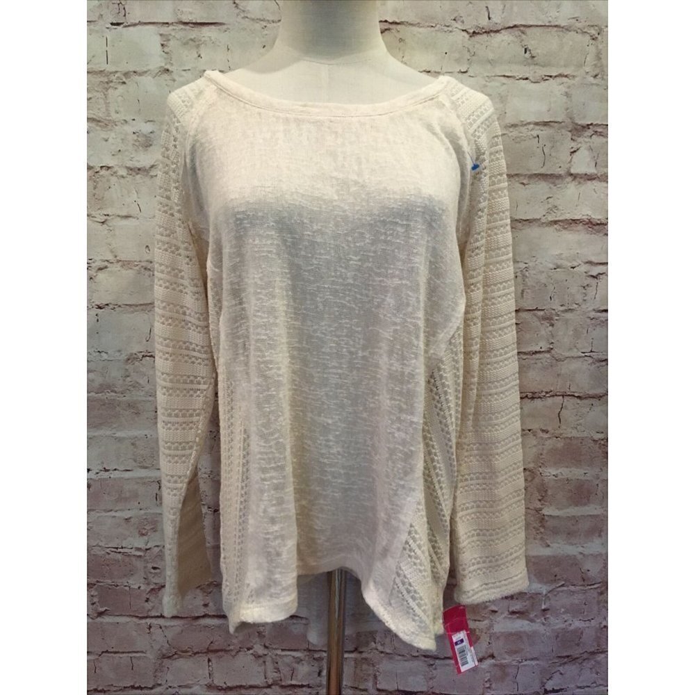 Xhiliration Ivory Beige Casual Crochet Raglan Sleeve Knit Top Hi Low Hem Size XL